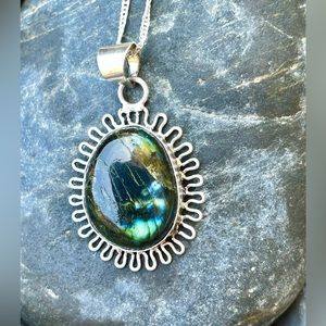 😵 Fire flash Labradorite Crystal Stone Sun silver necklace pendant Vintage 925